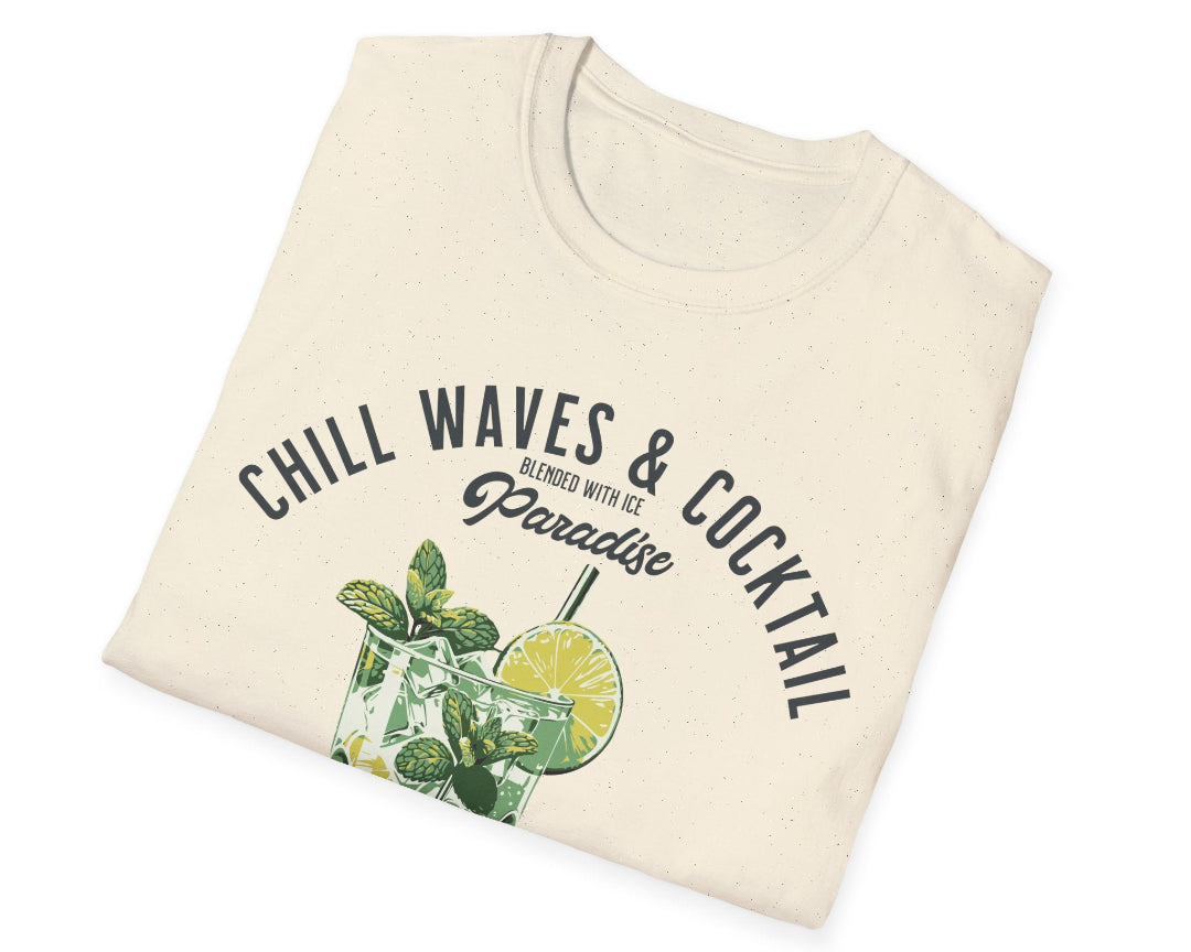 Folded t-shirt with 'Chill Waves & Cocktail' text and cocktail graphic on a white background