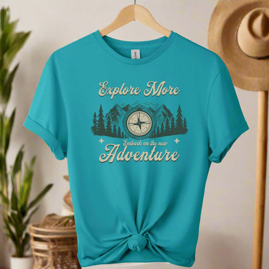 Front Compass Graphic tees and Explore more adventure typography t-shirts color of tropical blue