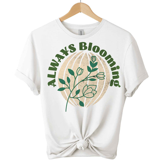 Always blooming plants tshirts Front view top clothes t-shirts plants graphic color White