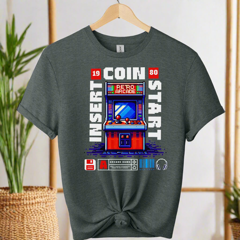 Gildan premium t shirt front design Arcade graphic tees for men and women t-shirts color Dark Heather