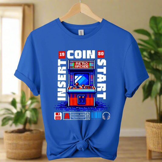 Gildan premium t shirt front design Arcade graphic tees for men and women t-shirts color Royal