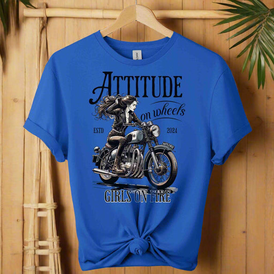 Attitude on wheels t-shirts top clothes,shirts,front view shirts motorcycle riding a women graphic tees color royal