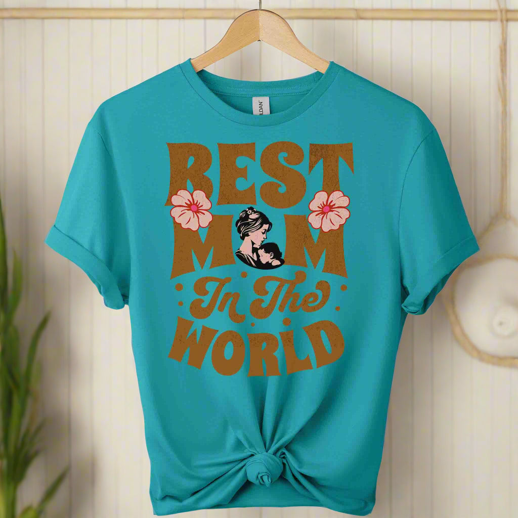 Front view design t-shirts typography Best Mom in the World design gildan made from premium soft cotton Color tropical blue