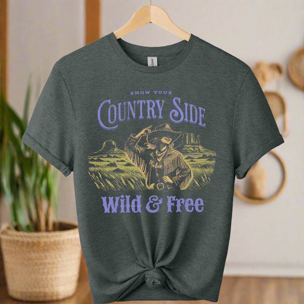 Gildan premium soft t-shirts front design Countryside with cowgirl graphic tees Unisex Fashion Lovers color Dark heather