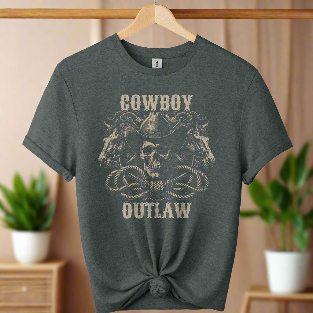 Cowboy and outlaw Gildan t-shirt with a front design of skull wearing cowboy hat and 2 head horses with typography of cowboy and outlaw graphic tees unisex with color Dark Heather