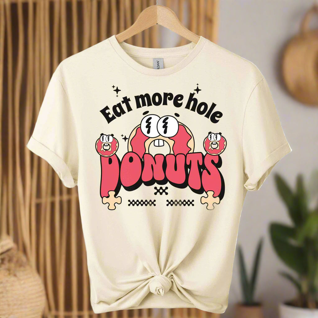 Eat More Holes Donut T-Shirt gildan premium shirt front design donut with typography eatmore holes and the color of natural
