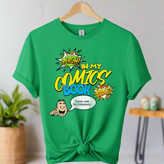 Unisex t-shirt color irish green With front graphic comic design and comic book retro typography tees