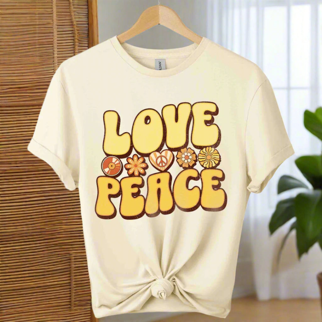 Boho design t-shirt color natural with typography of love and peace design hippie inspired boho shirts