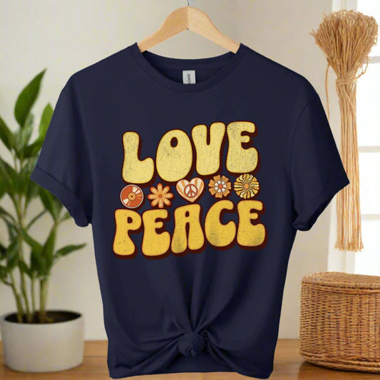 Boho design t-shirt color navy with typography of love and peace design hippie inspire