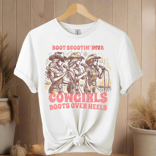 Gildan soft premium Scooting diva Cowgirl singing front design graphic tees unisex color white