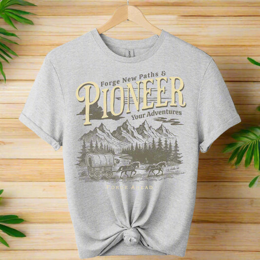 T-shirts for adults color sports grey with graphics cowboy design and Pioneer typography boho inspired tees