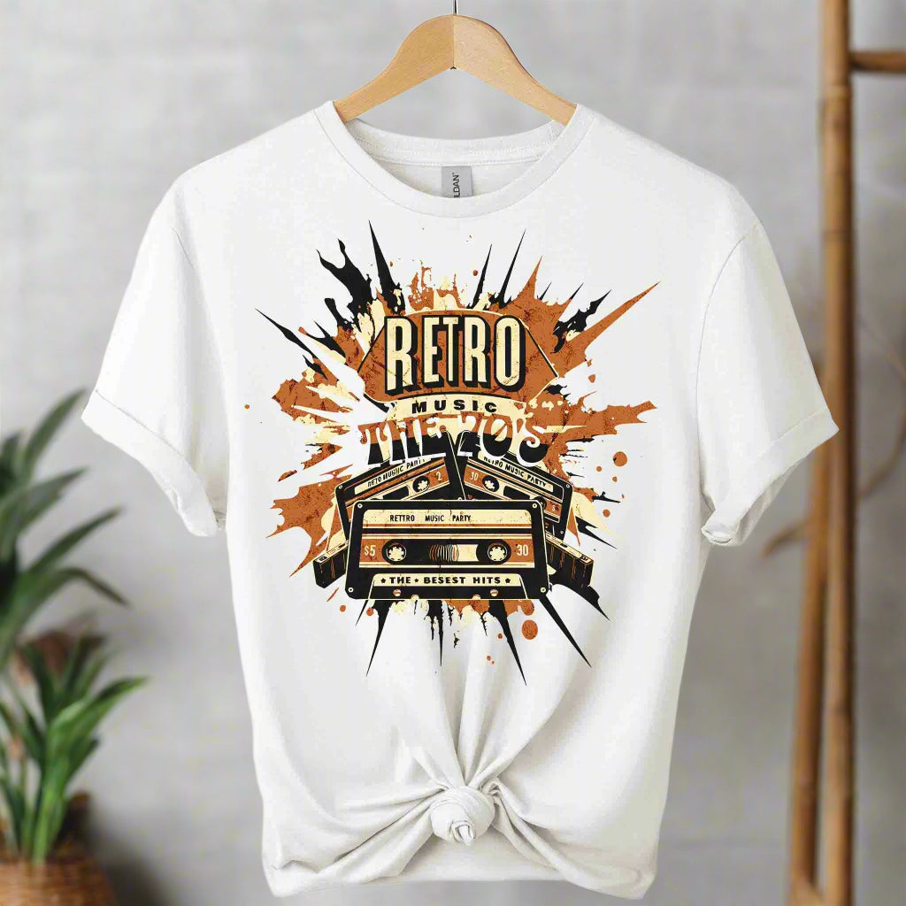 Unisex t-shirts color white,front design mixtape old school cassette tape and typography retro 70 s music ,retro inspired design