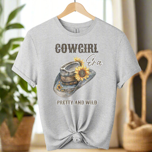 Gildan t-shirt design with cowgirl pretty and wild typography and hat graphic design Western Style for Unisex Comfort color sport grey