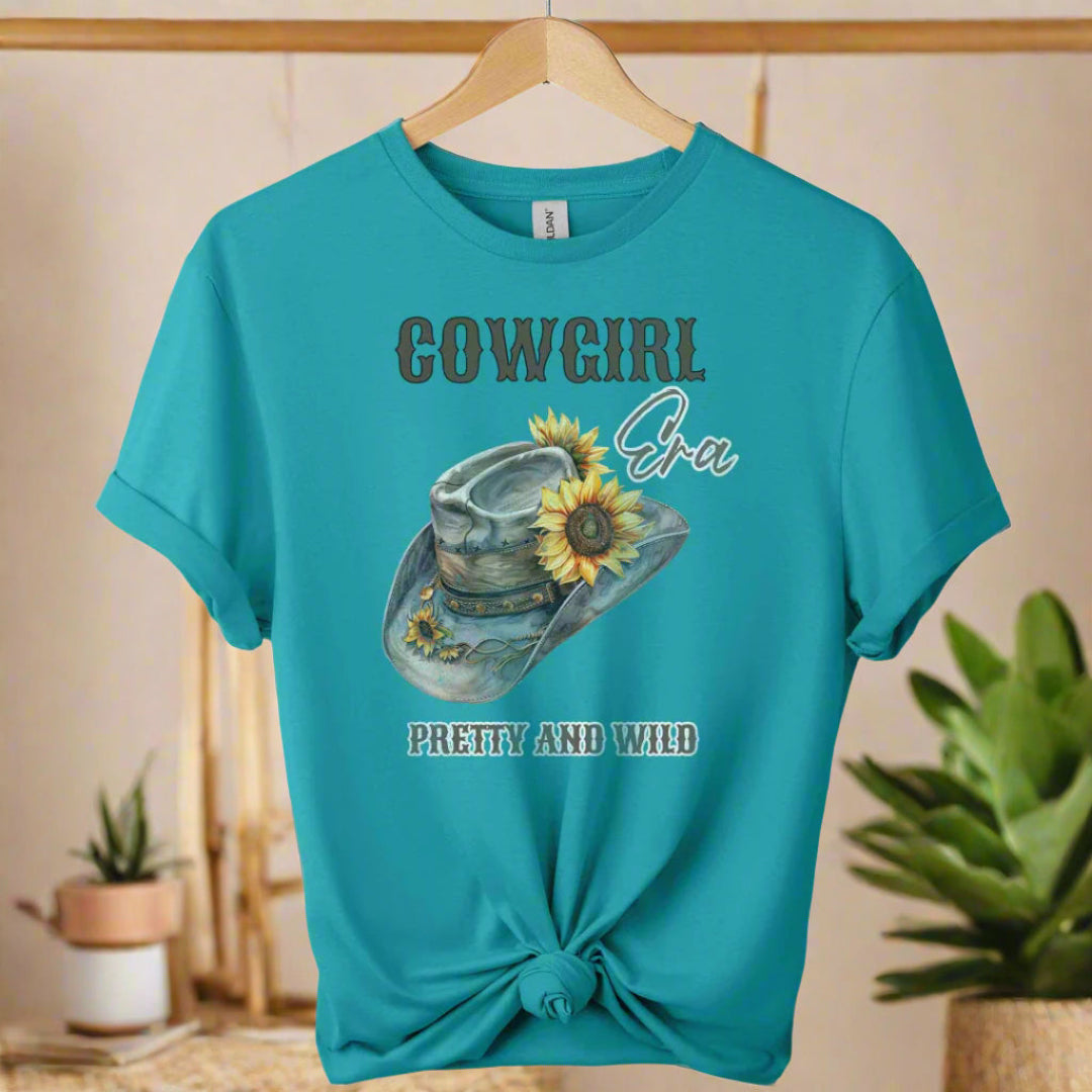 Gildan t-shirt design with cowgirl pretty and wild typography and hat graphic design Western Style for Unisex Comfort color tropical blue