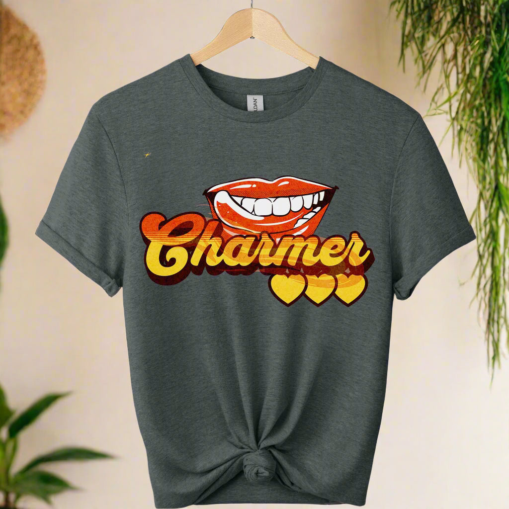 Gildan soft premium front view
design lips charmer graphic tees unisex for men and women t-shirts color Dark heather
