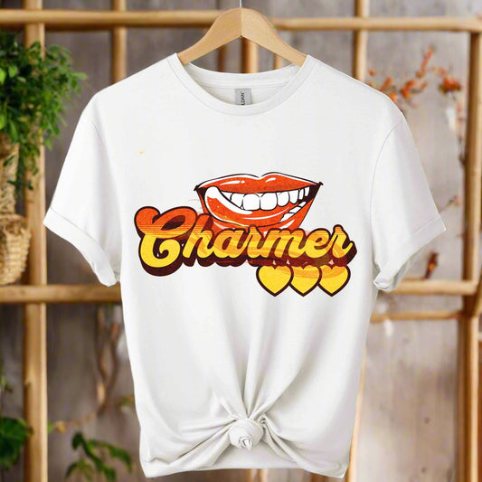 Gildan soft premium front view
design lips charmer graphic tees unisex for men and women t-shirts color White