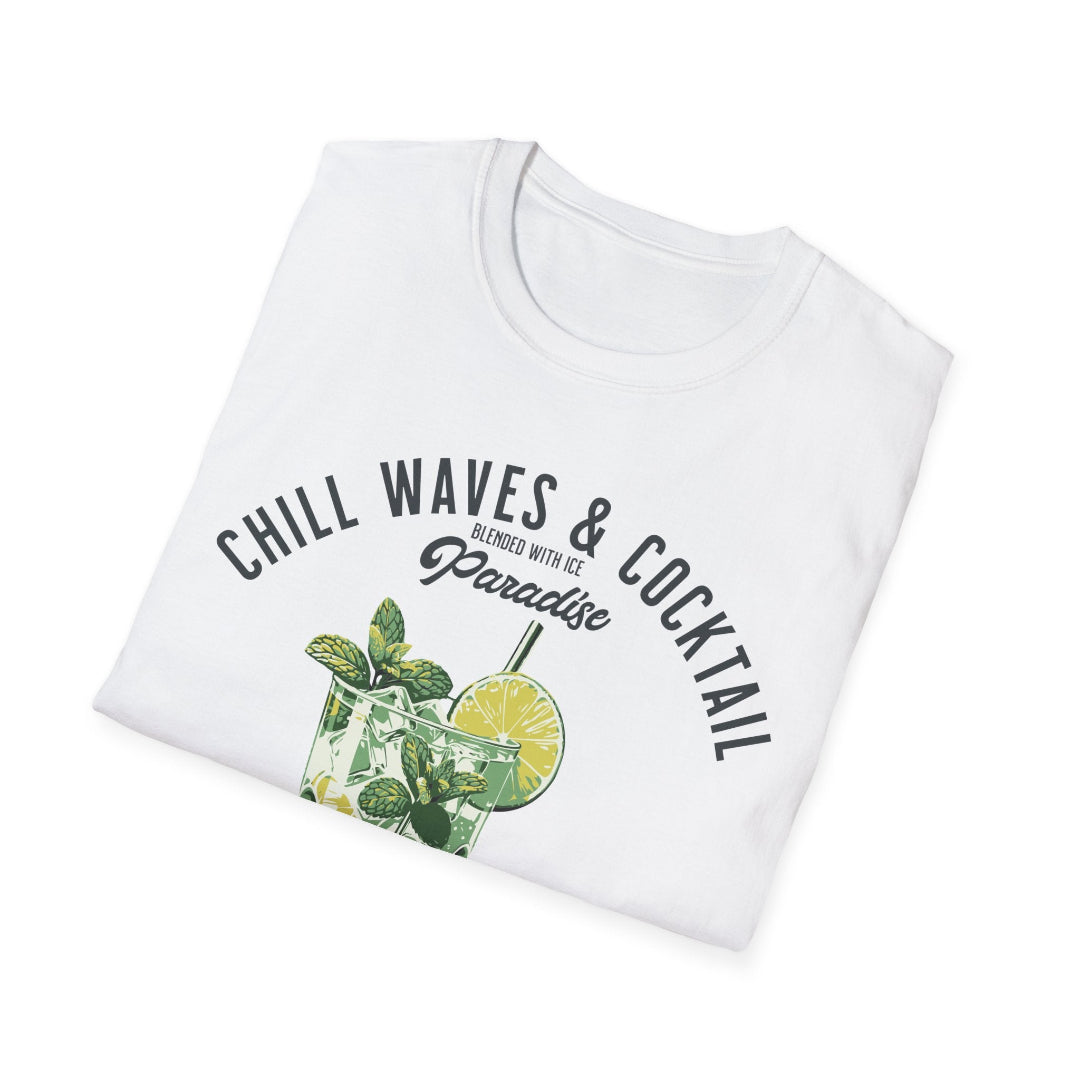 White t-shirt with 'Chill Waves & Cocktail' text and cocktail graphic on a white background