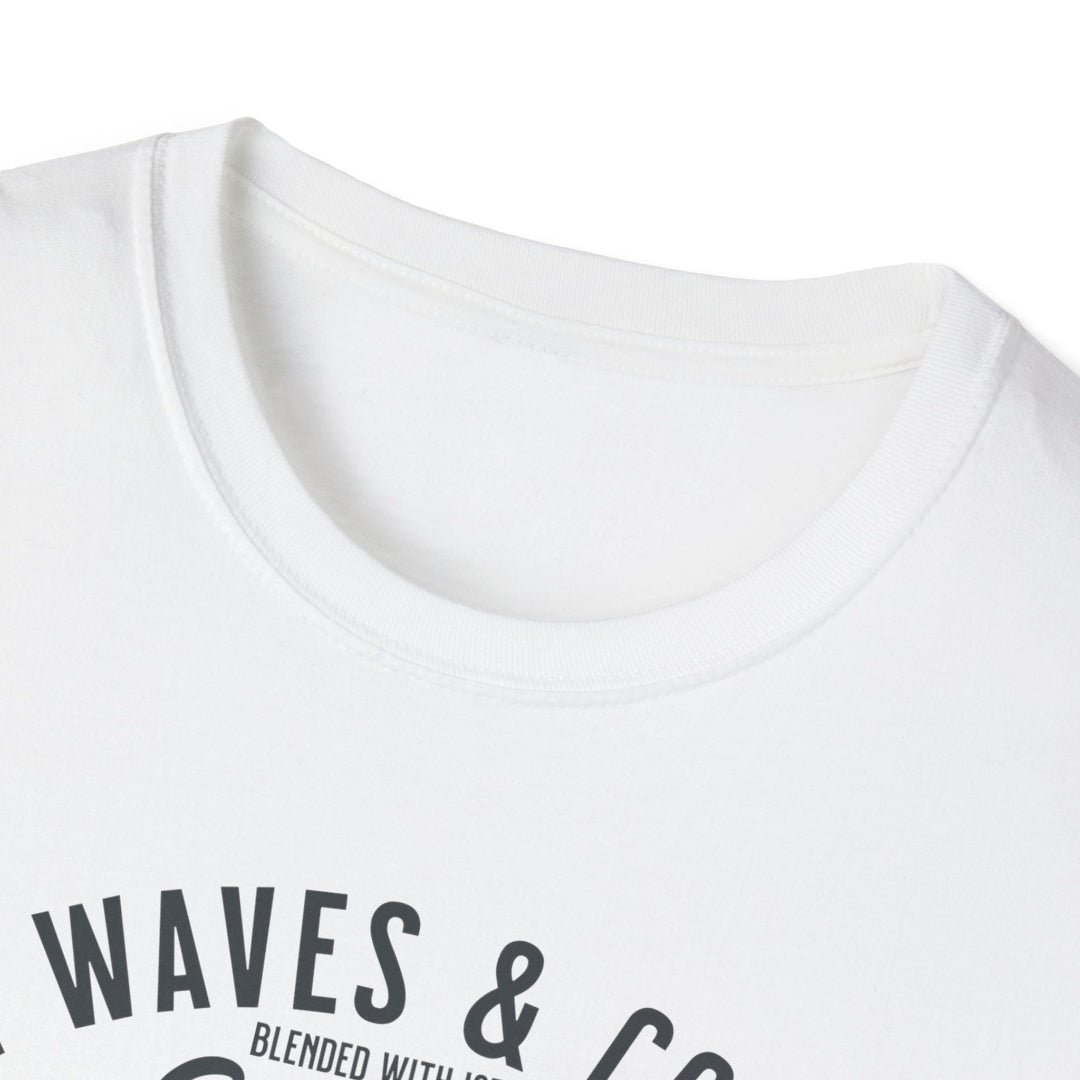 White t-shirt with 'WAVES & CO' text on a white background