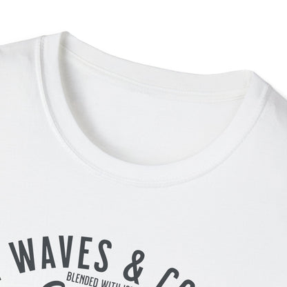 White t-shirt with 'WAVES & CO' text on a white background