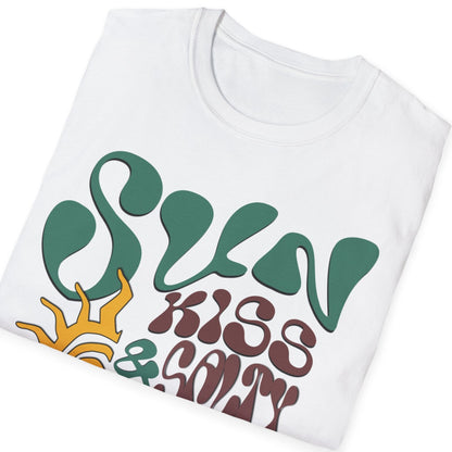White t-shirt with colorful text design on a white background
