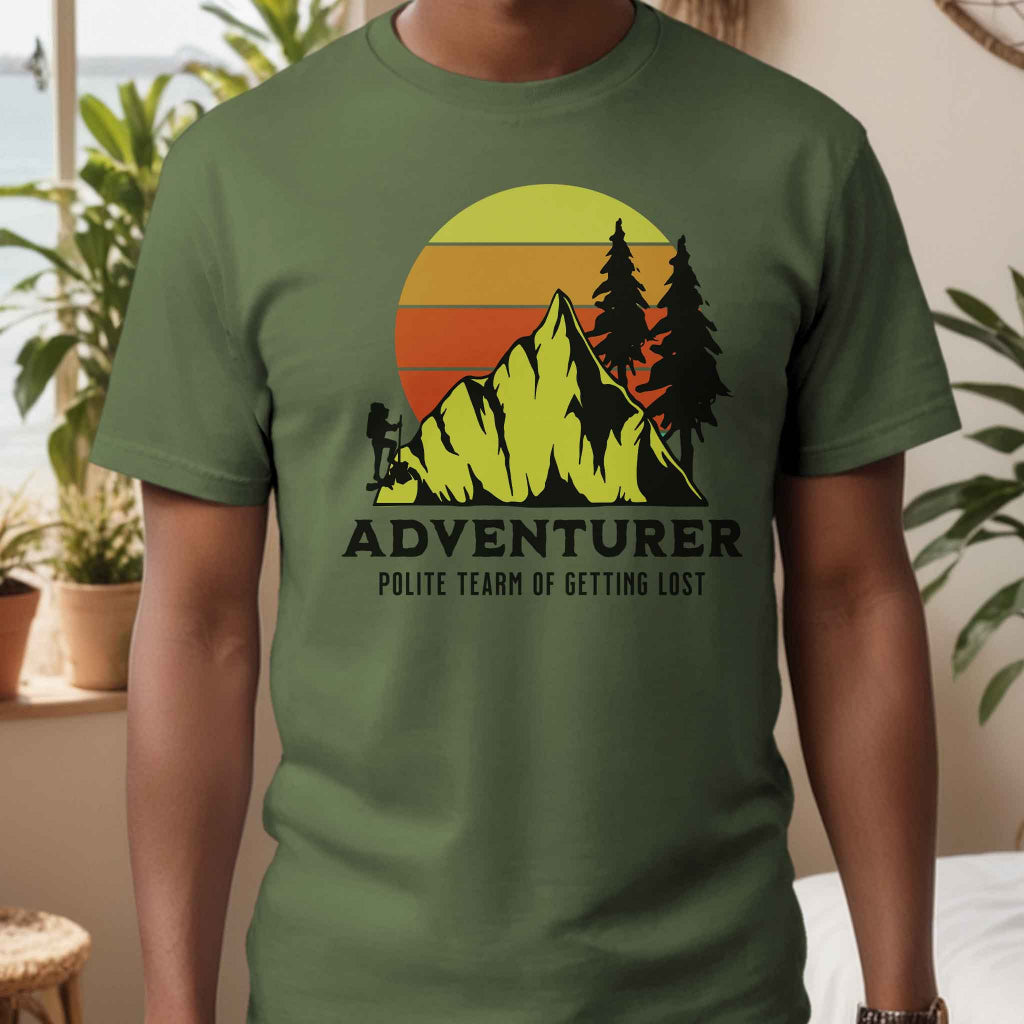 Adventurer Graphic t-shirts in colors Military green and unisex.