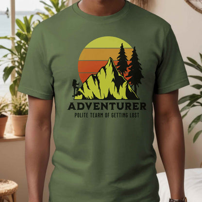 Adventurer Graphic t-shirts in colors Military green and unisex.