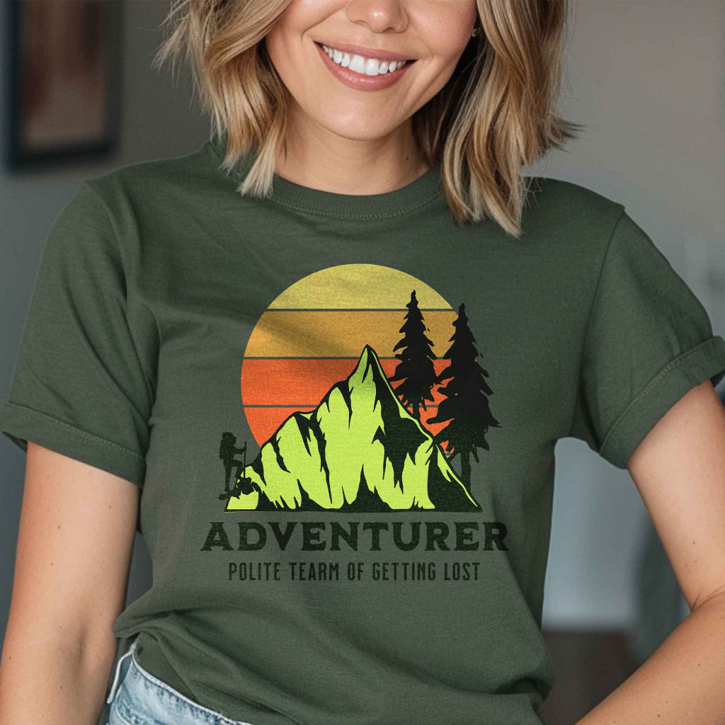 Adventurer Graphic t-shirts in colors Military green and unisex.
