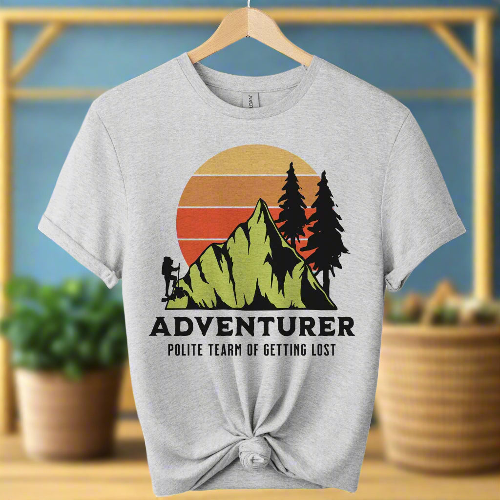 Adventurer Graphic t-shirts in colors spots grey and unisex.