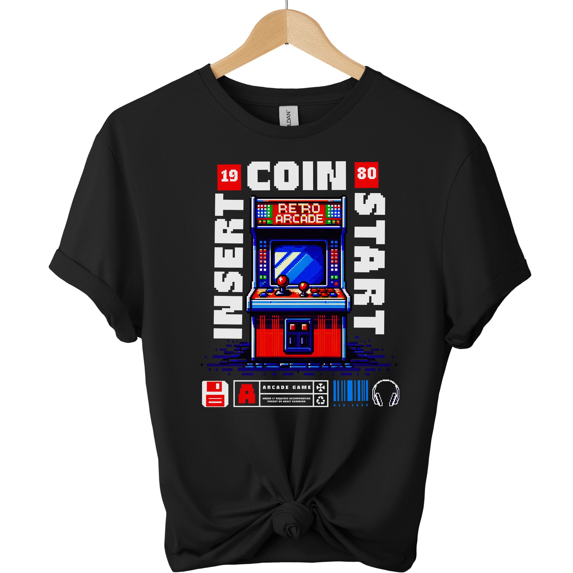 Gildan premium t shirt front design  Arcade  graphic tees  for men and women t-shirts color  Black