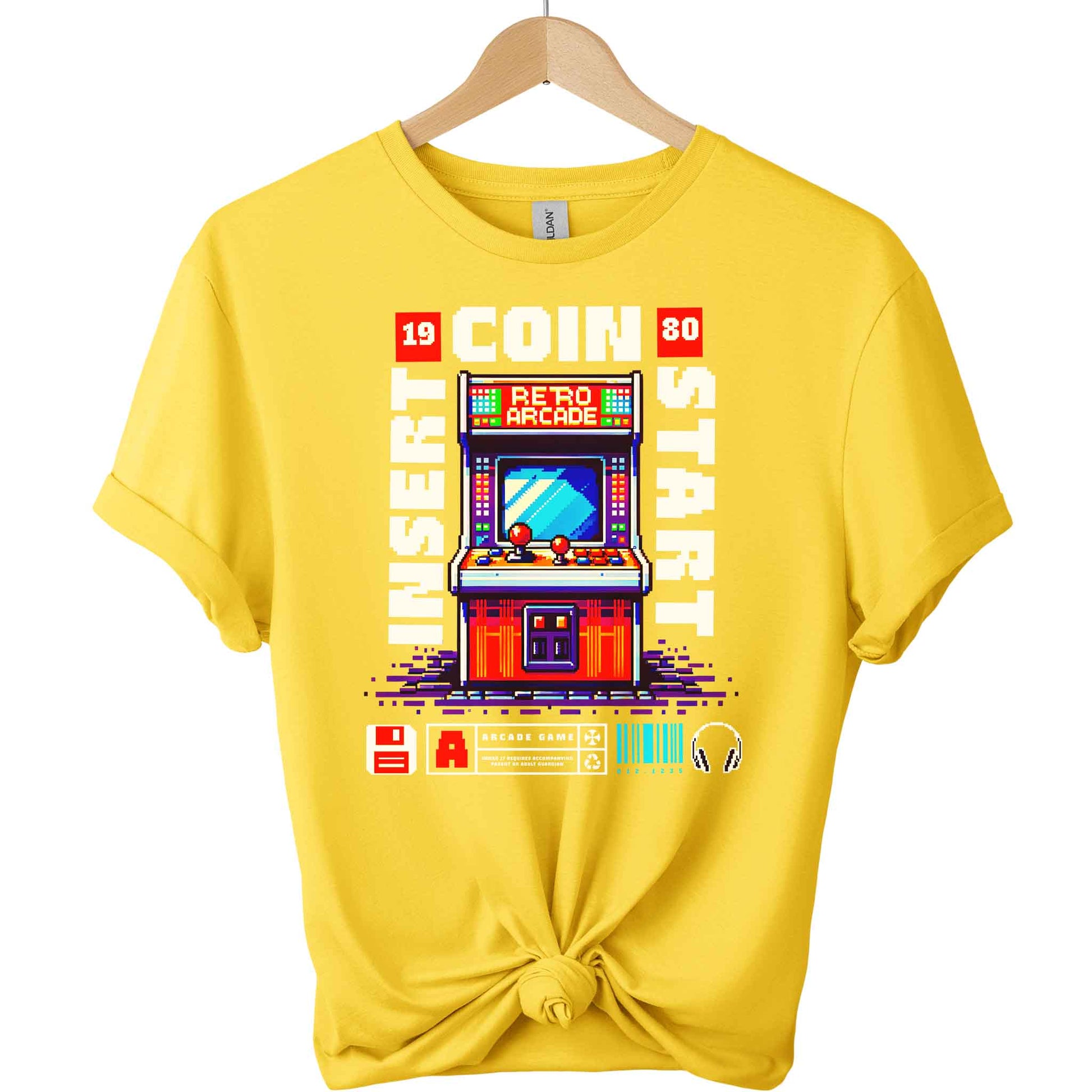 Gildan premium t shirt front design  Arcade  graphic tees  for men and women t-shirts color Daisy