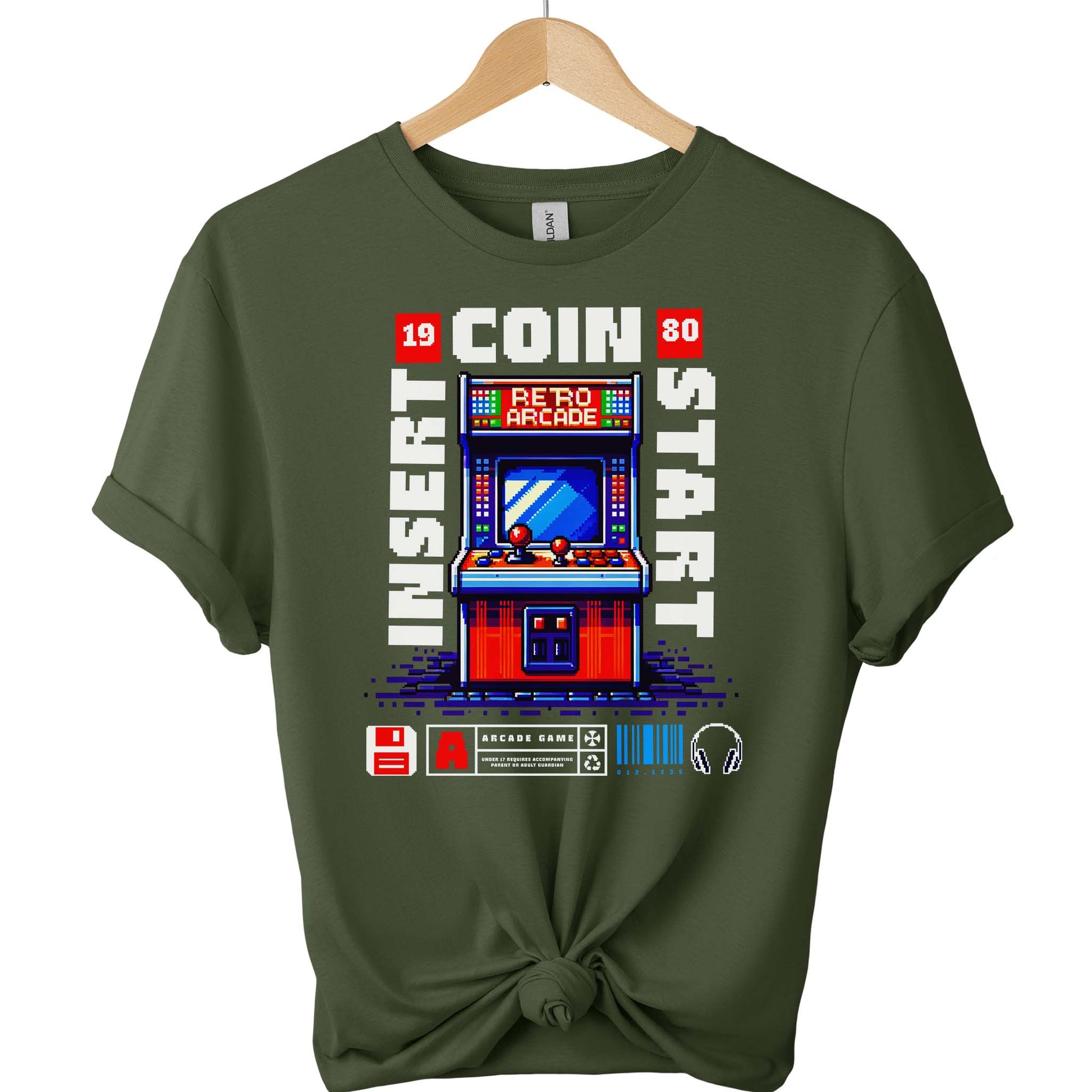 Gildan premium t shirt front design  Arcade  graphic tees  for men and women t-shirts color Military green