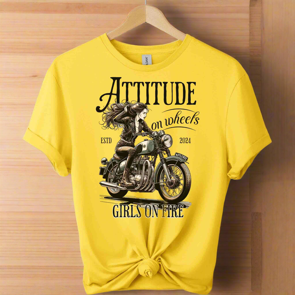 Attitude on wheels t-shirts top clothes,shirts,front view shirts motorcycle riding a women graphic tees color daisy