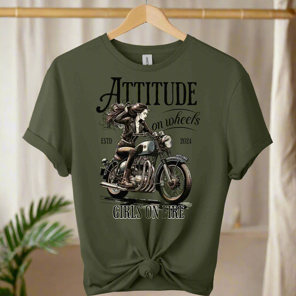 Attitude on wheels t-shirts top clothes,shirts,front view shirts motorcycle riding a women graphic tees color Military_green
