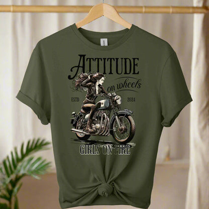 Attitude on wheels t-shirts top clothes,shirts,front view shirts motorcycle riding a women graphic tees color Military_green