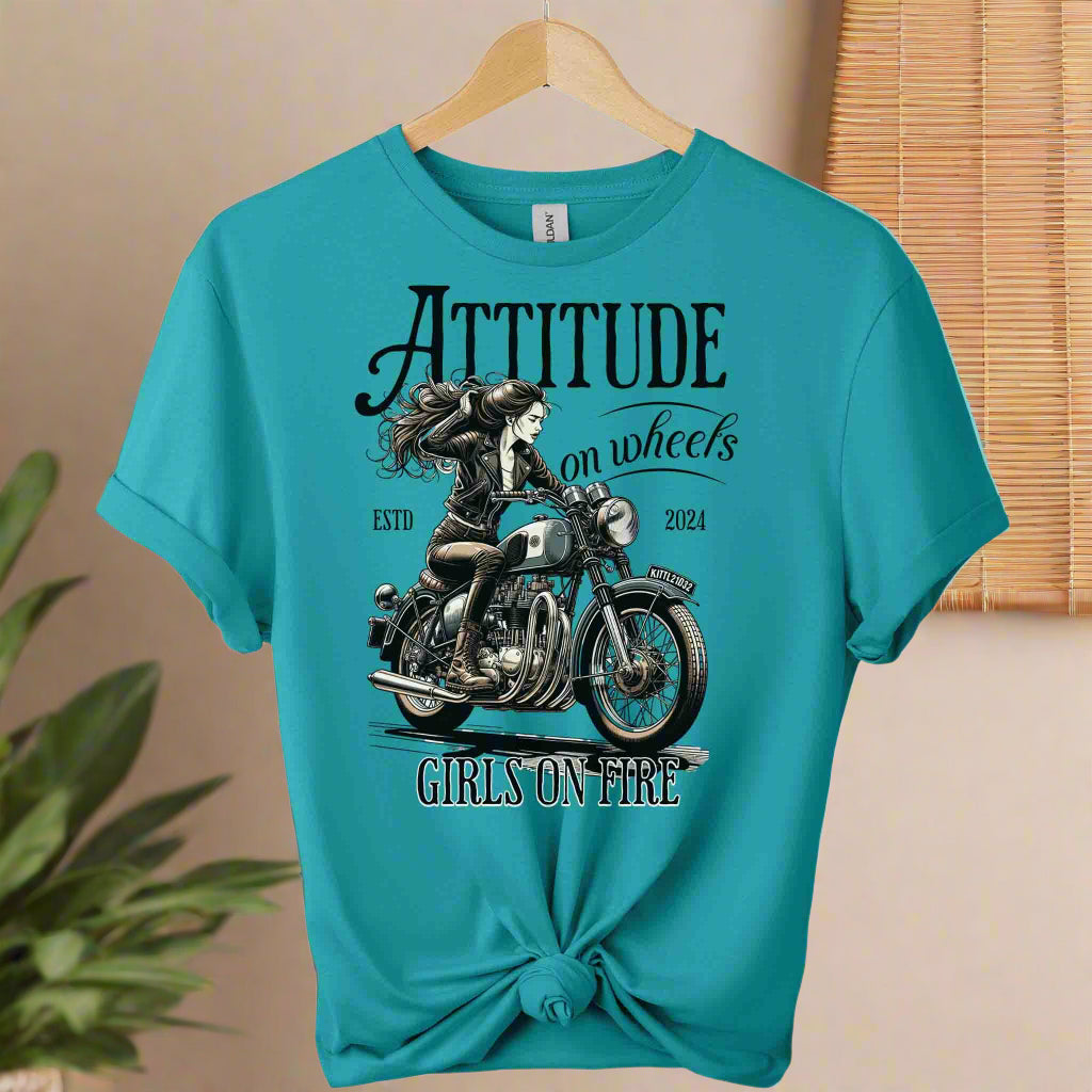 Attitude on wheels t-shirts top clothes,shirts,front view shirts motorcycle riding a women graphic tees color Tropical_blue_