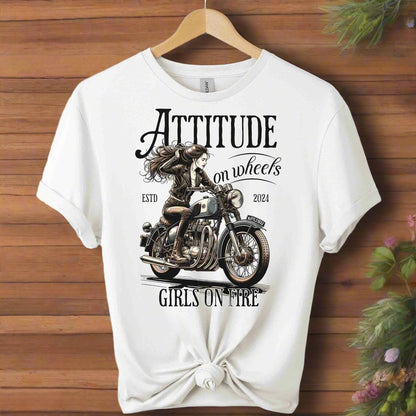 Attitude on wheels t-shirts top clothes,shirts,front view shirts motorcycle riding a women graphic tees color white