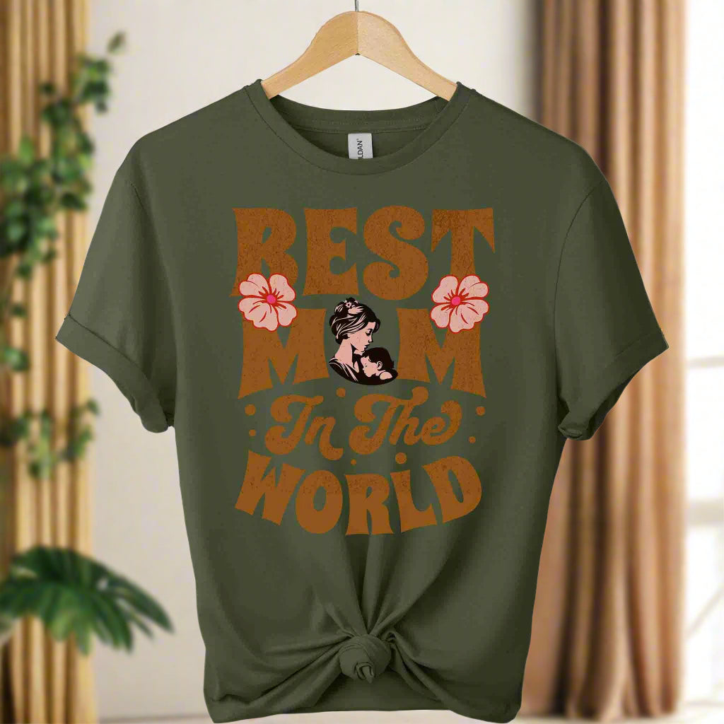 Front view design t-shirts typography Best Mom in the World  design  gildan made from  premium soft cotton  Color military green