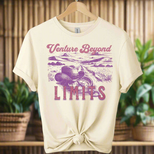 front view graphic design Beyond Limits cowboy hats T-Shirt with retro inspired gildan premium soft cotton color natural 