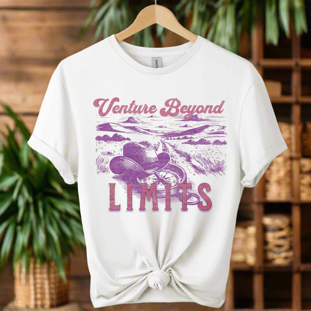 front view graphic design Beyond Limits cowboy hats T-Shirt with retro inspired gildan premium soft cotton color white