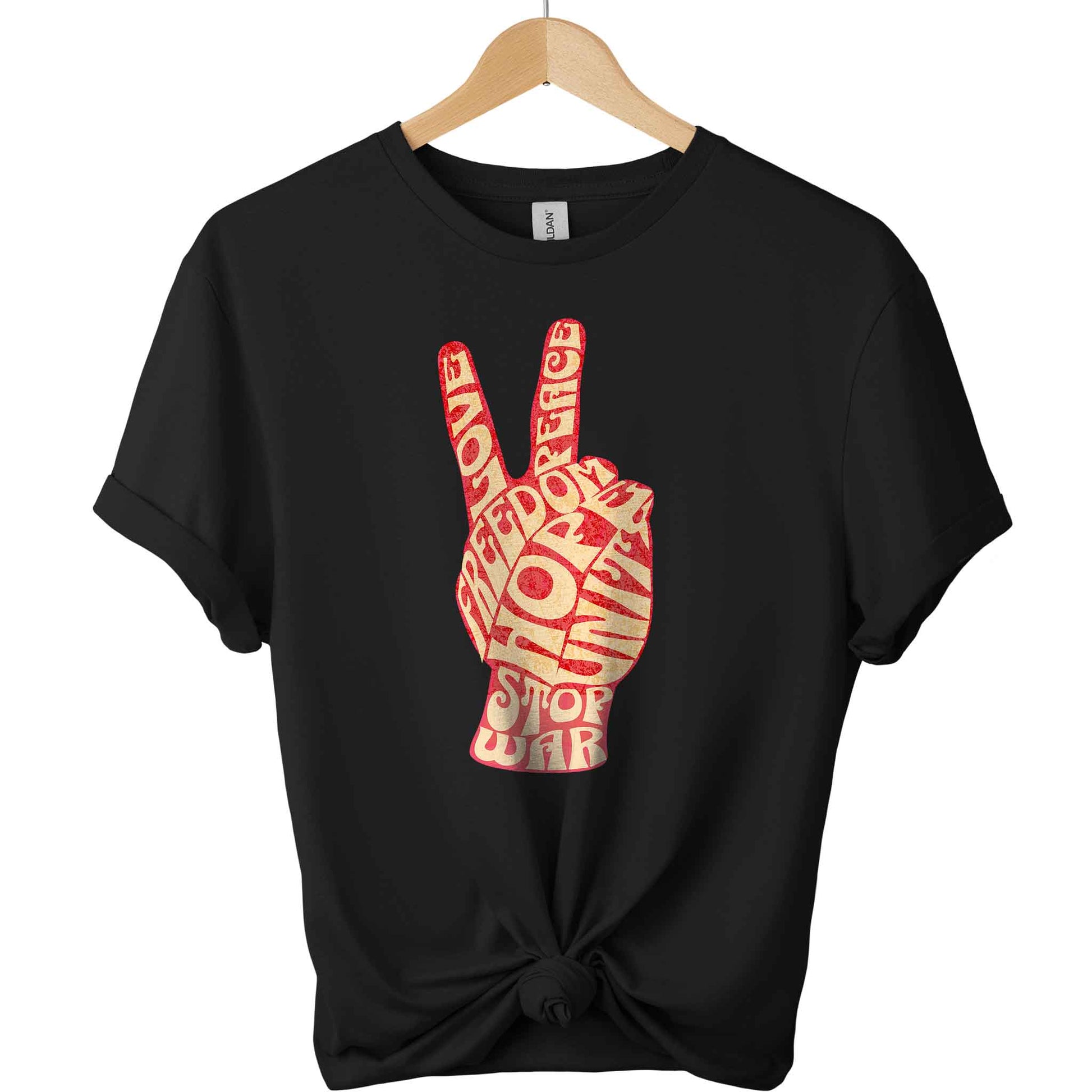 Stop war motivational t-shirt with peace hand sign and freedom hope unite typography shirts color Black