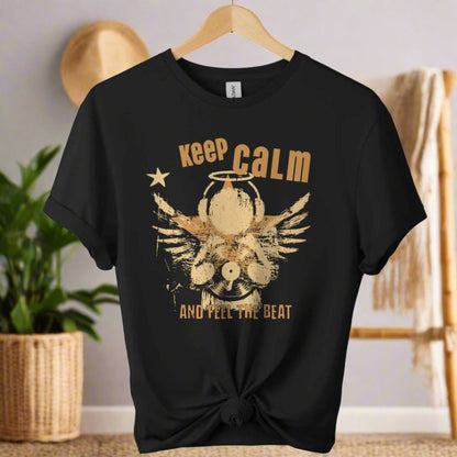 Unisex t shirts color Black front design typography "Keep calm" and feel the beat and angel with holding classic vinyl tape. 