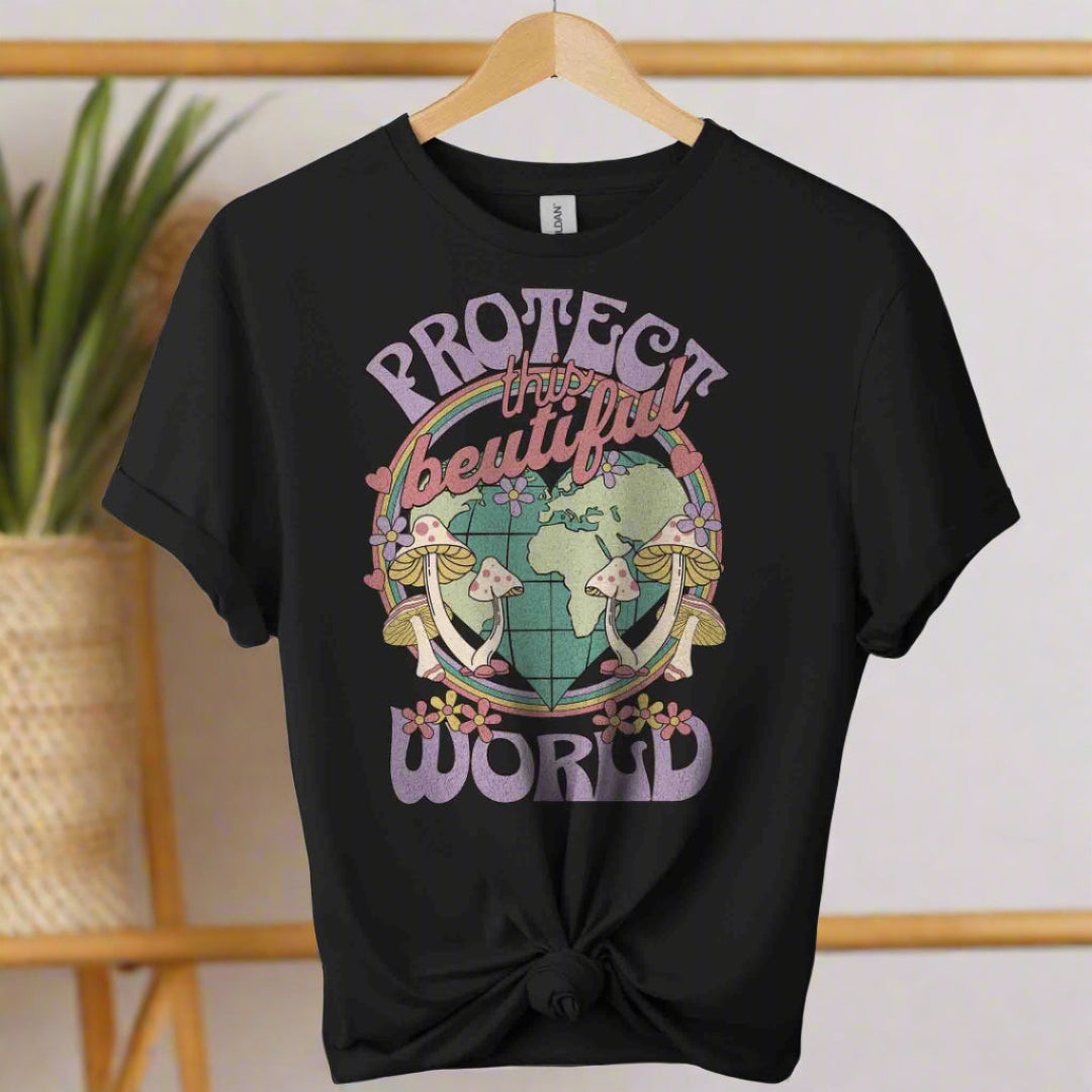 T-shirt front with color black and graphic world design ,typography that saying protect the world boho inspired for adults 