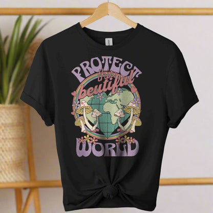 T-shirt front with color black and graphic world design ,typography that saying protect the world boho inspired for adults 