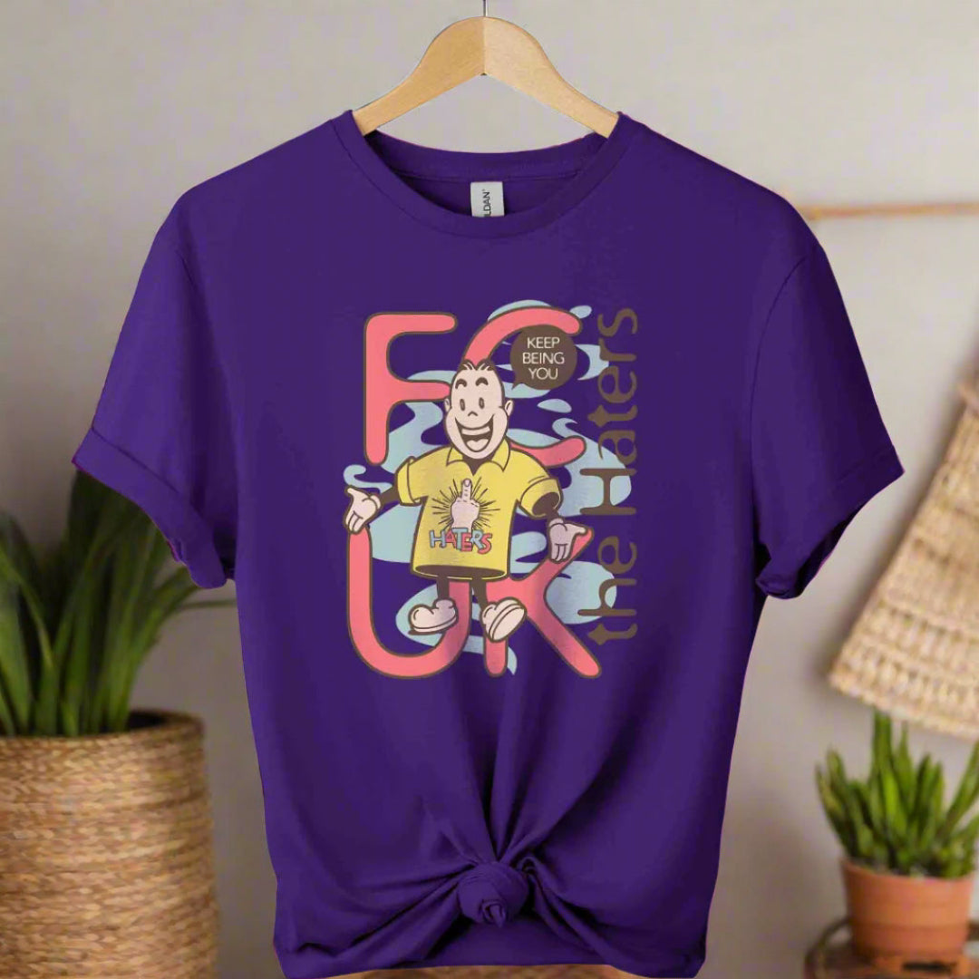 Boho vintage design with cartoon graphic shirts and typography haters ,unisex color purple