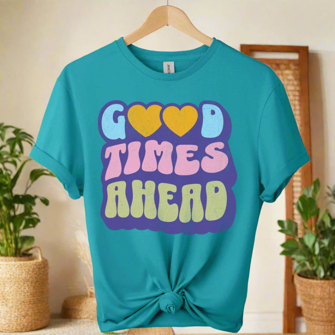 Boho t-shirts design With typography tees Good times ahead for men and women color Tropical blue