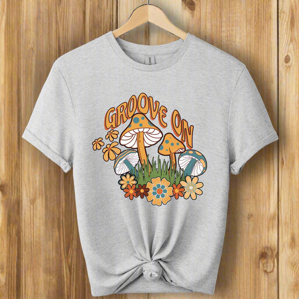 T-shirts color sports grey boho inspired mushroom design and typography retro vintage graphic tee