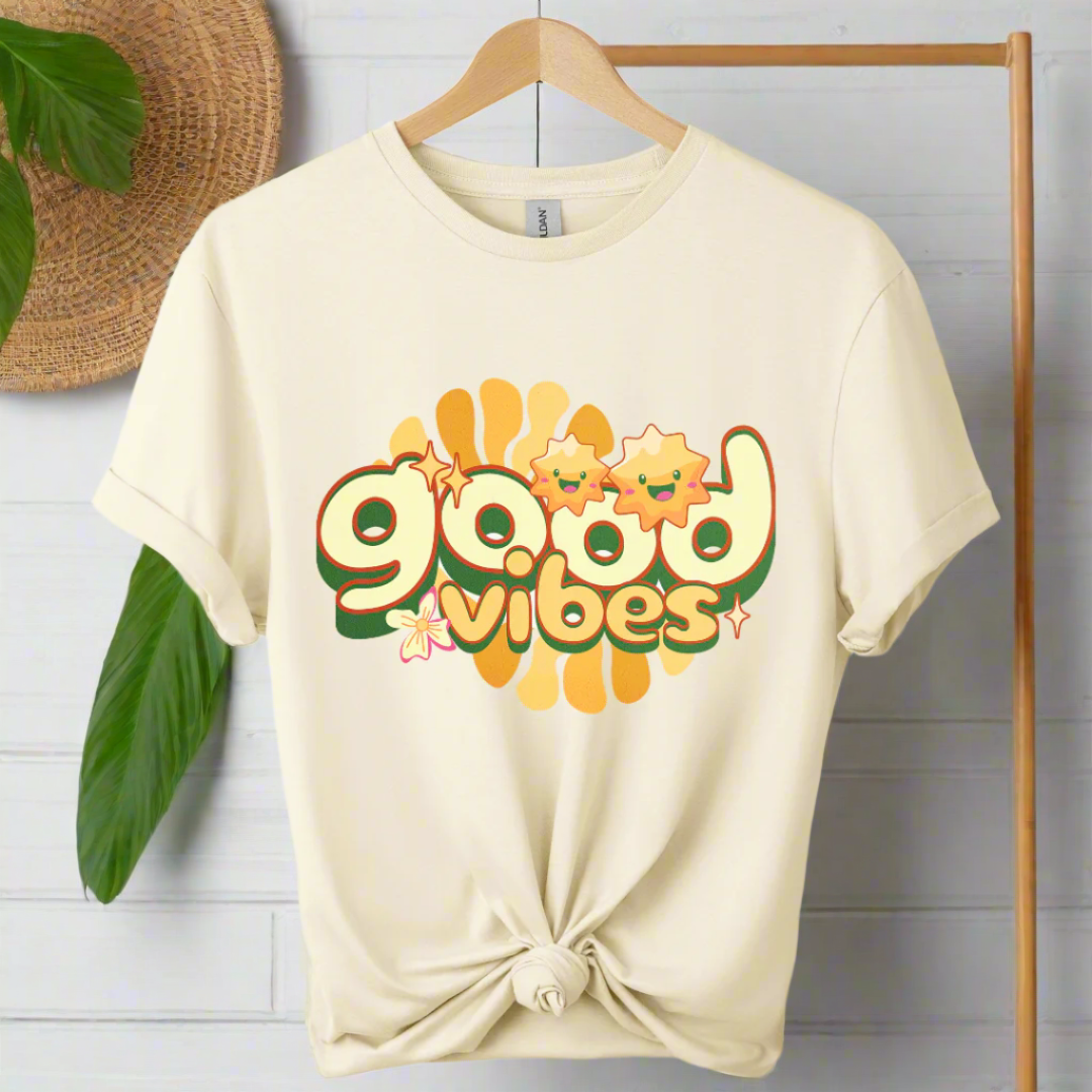 Premium shirt with good vibes graphic unique design 70,s & 80's design tees boho style color natural