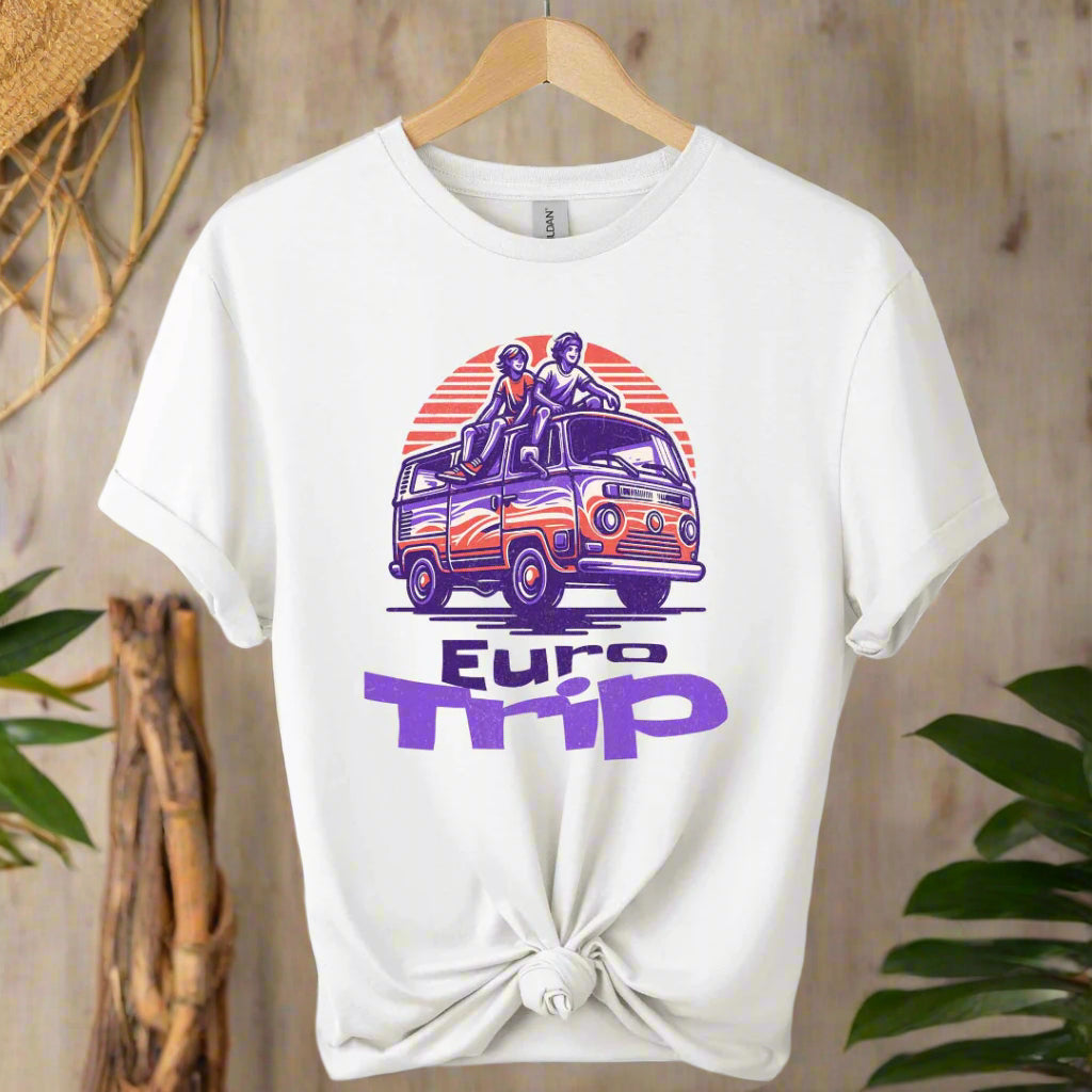 Retro van Car Front Graphic design  and Eurotrip typography with the color  white