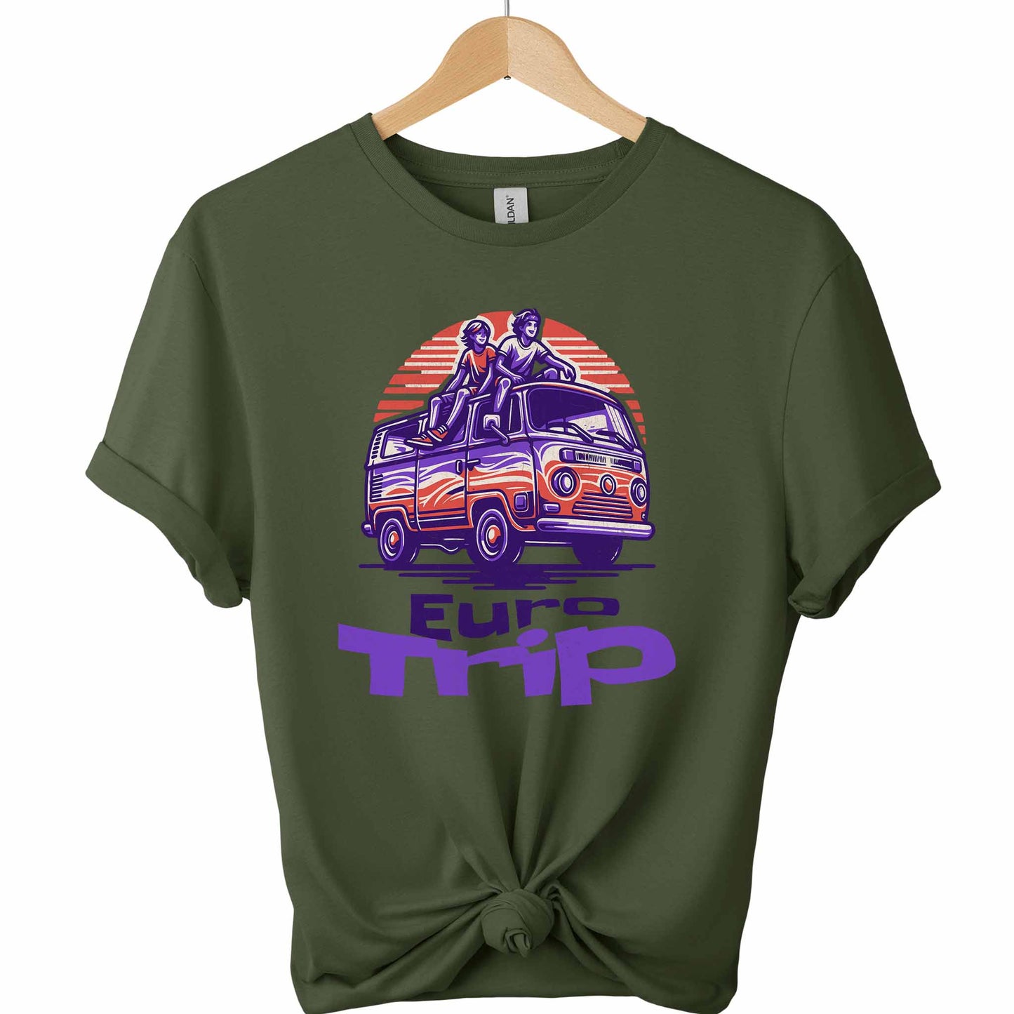 Retro van Car Front Graphic design  and Eurotrip typography with the color military green