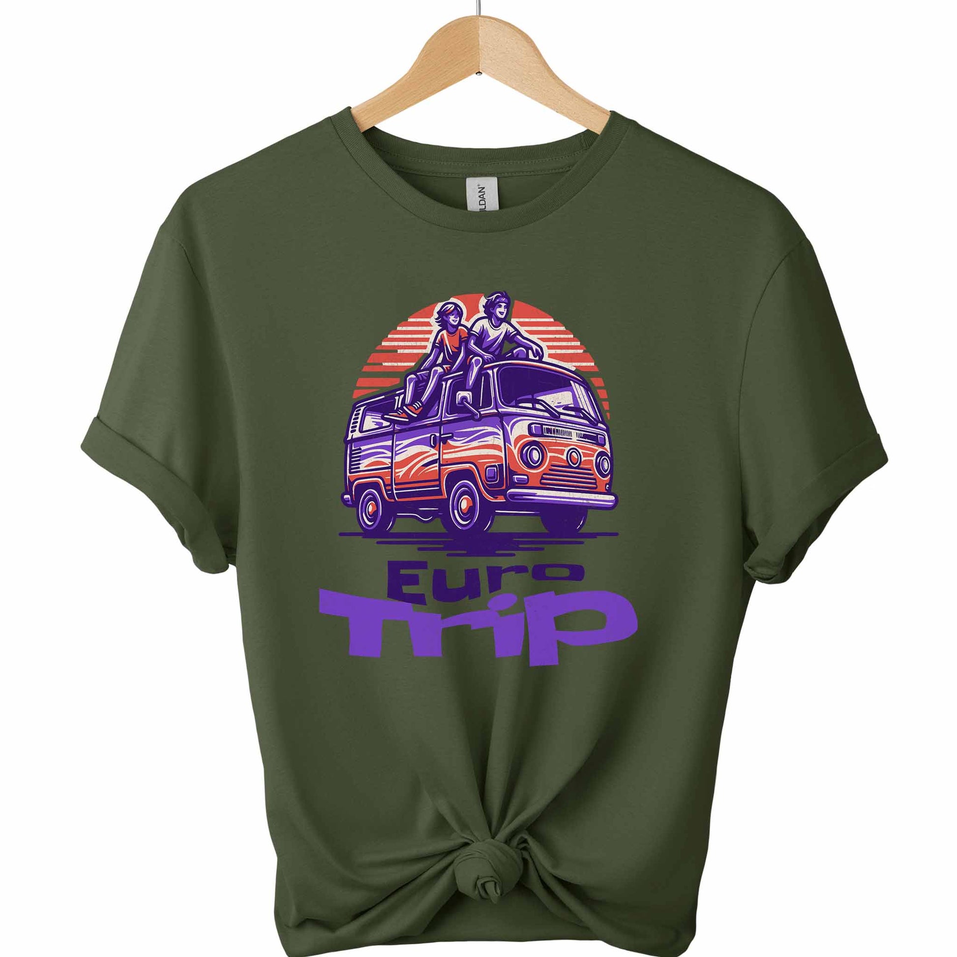 Retro van Car Front Graphic design  and Eurotrip typography with the color military green